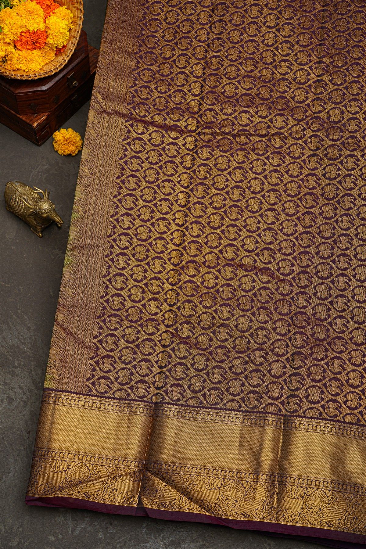 Kancheepuram Silk Mehendi Green Saree With Florals And Animals Border