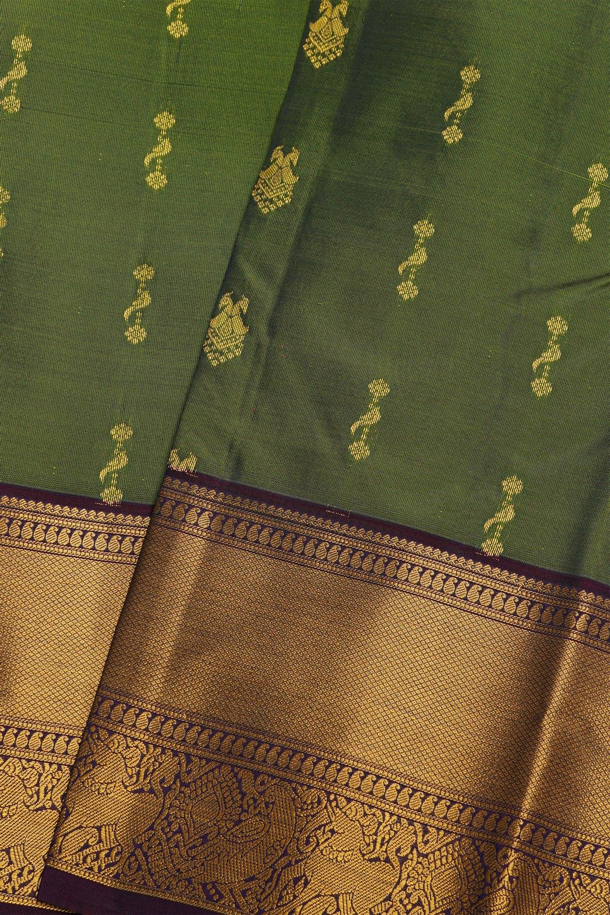 Kancheepuram Silk Mehendi Green Saree With Florals And Animals Border