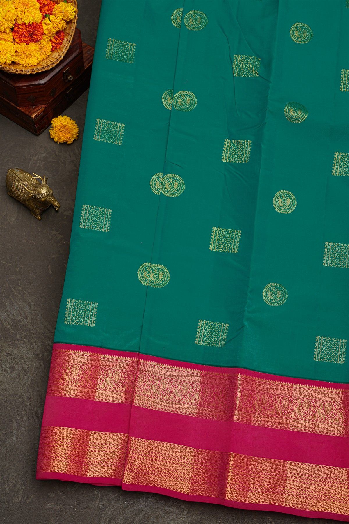 Kancheepuram Silk Rama Green Saree With Florals and Peacocks Border