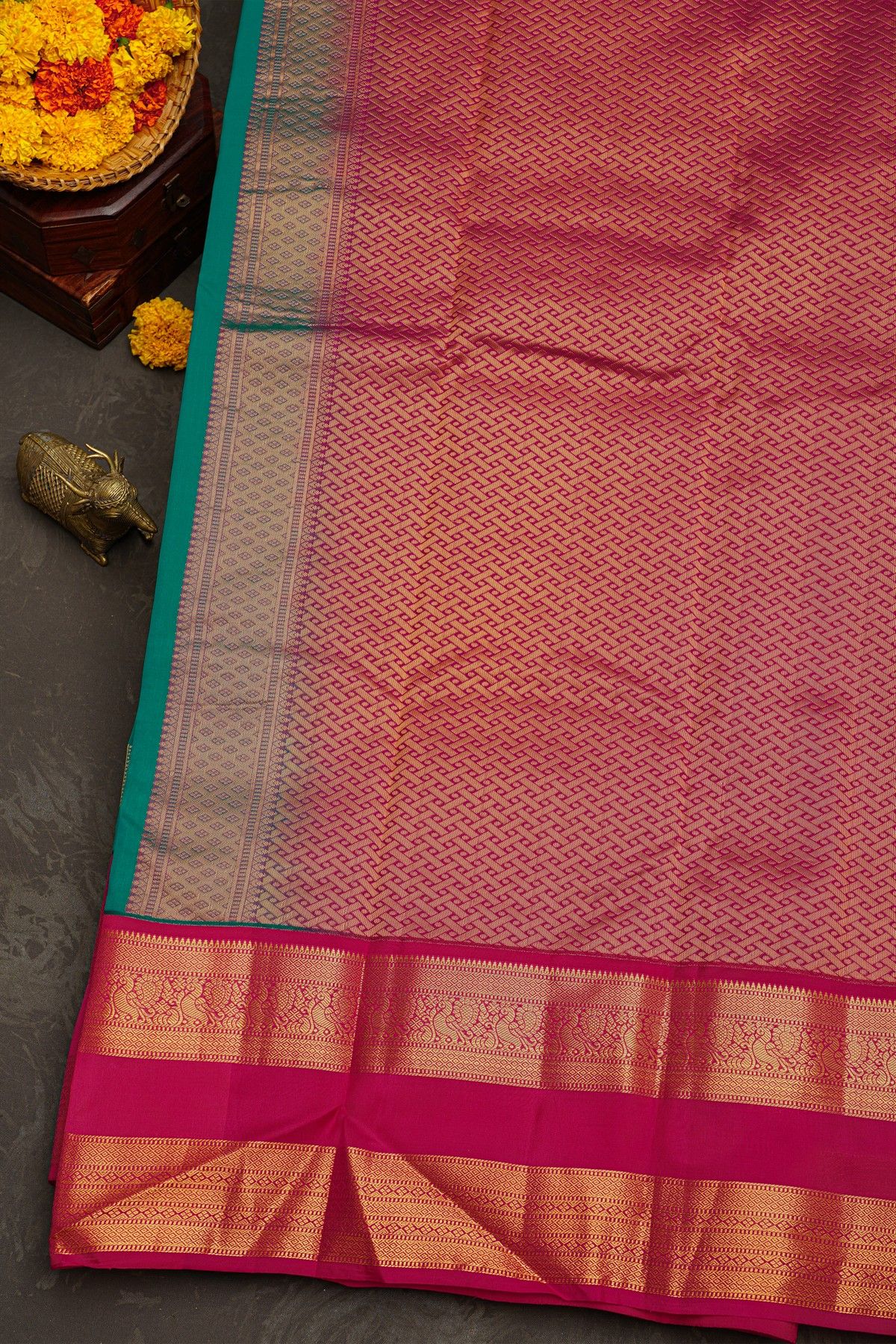 Kancheepuram Silk Rama Green Saree With Florals and Peacocks Border