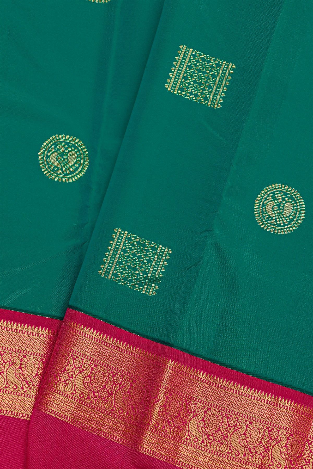 Kancheepuram Silk Rama Green Saree With Florals and Peacocks Border
