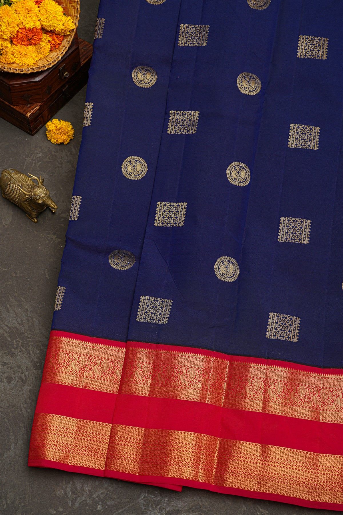 Kancheepuram Silk Royal Blue Saree With Florals And Peacocks Traditional Gap Border