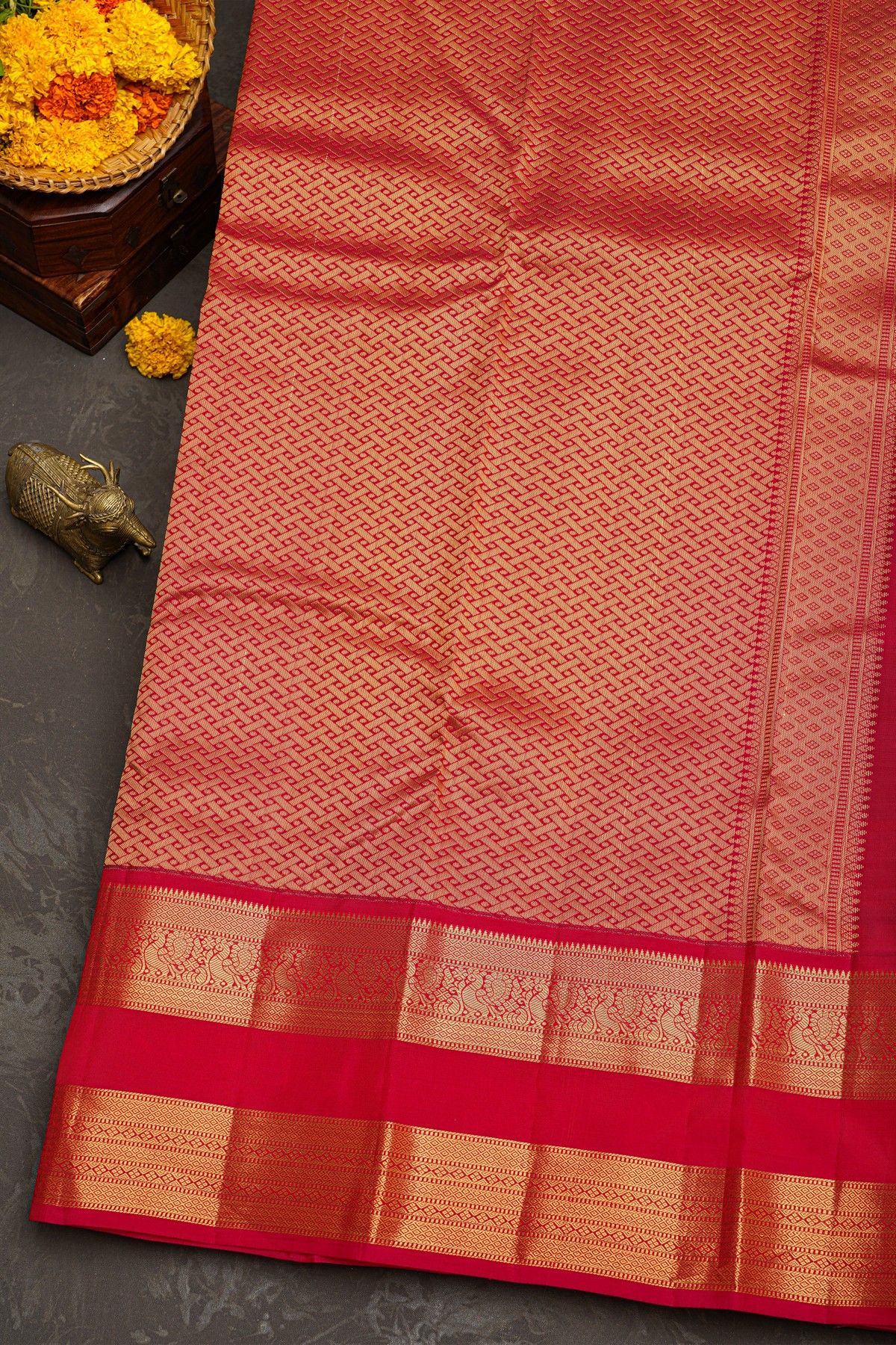 Kancheepuram Silk Royal Blue Saree With Florals And Peacocks Traditional Gap Border