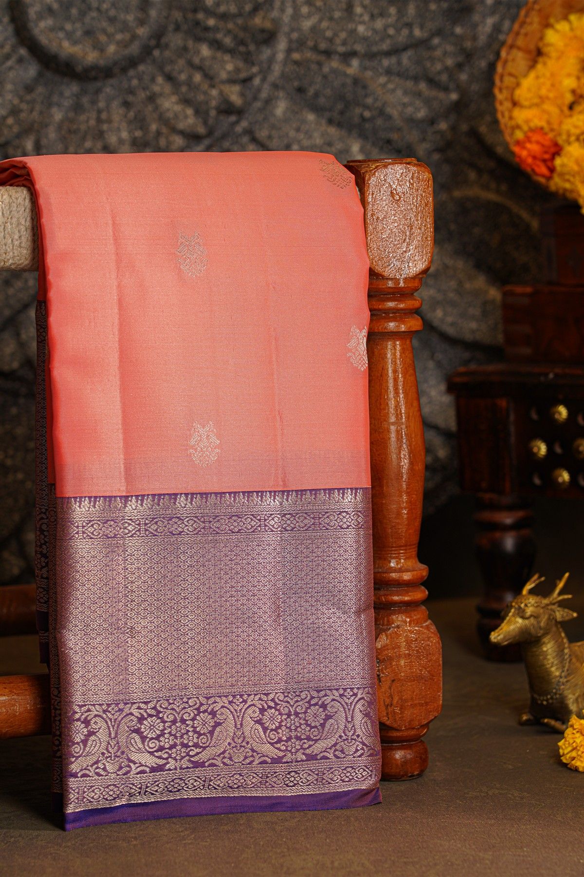 Kancheepuram Silk Baby Pink Saree With Florals And Peacocks Border