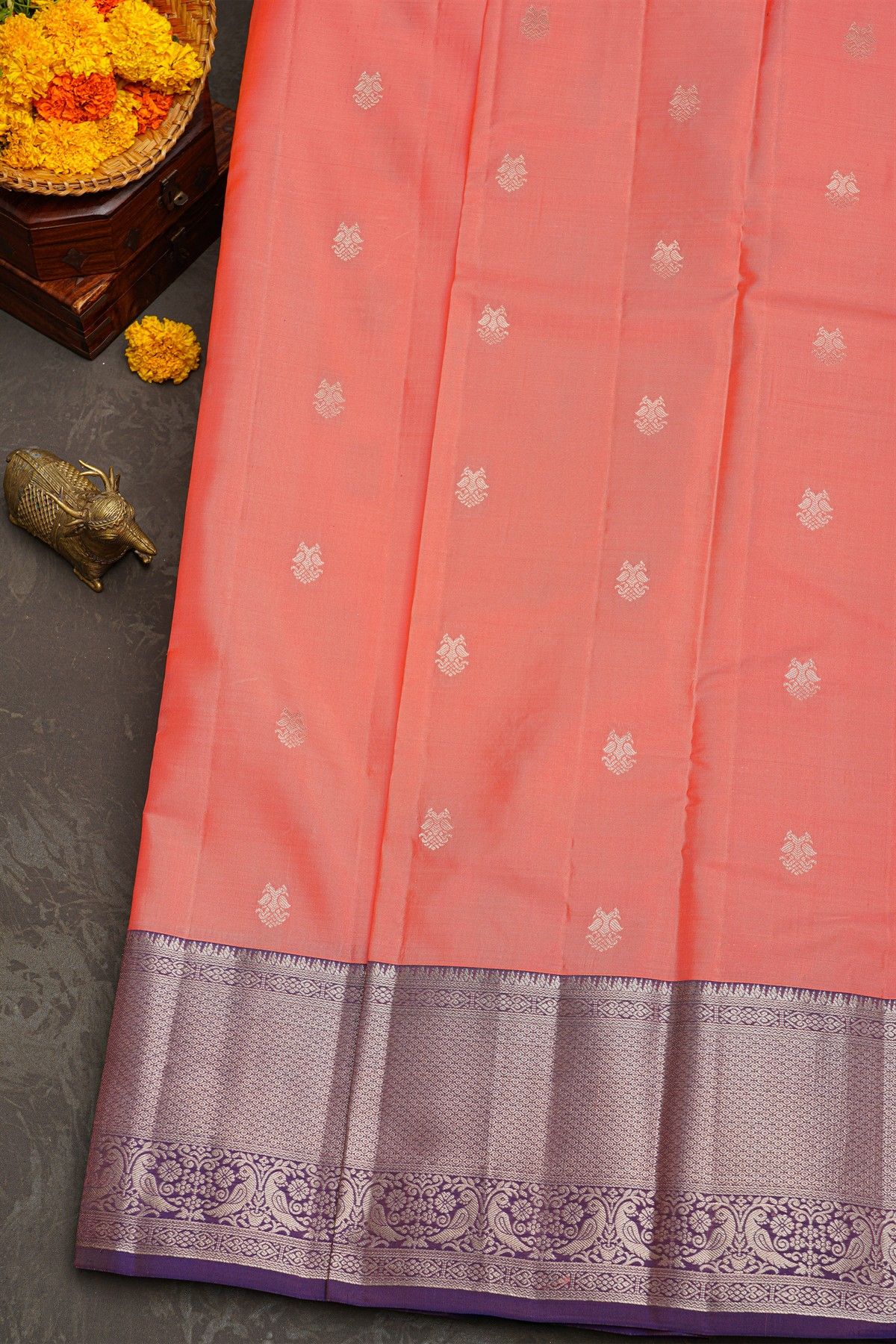 Kancheepuram Silk Baby Pink Saree With Florals And Peacocks Border