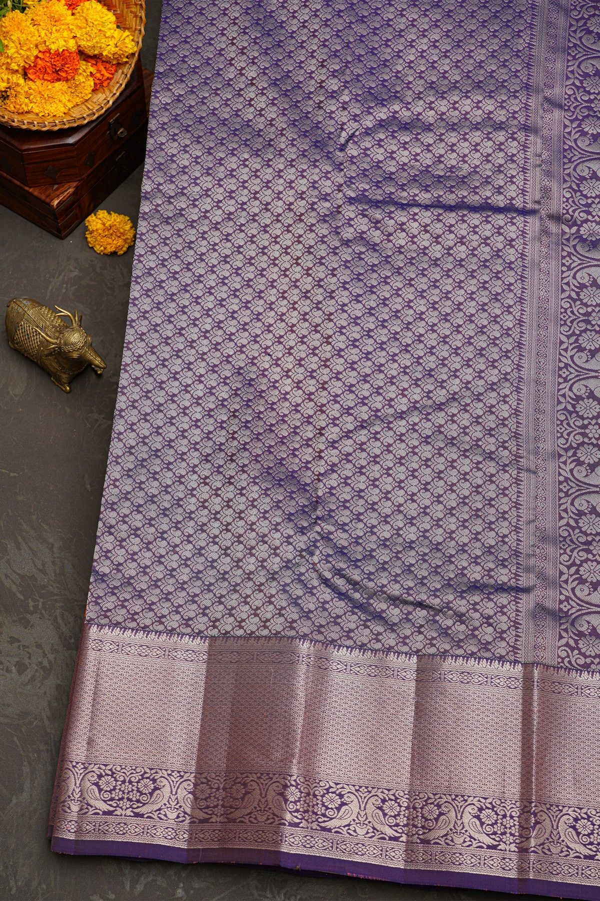 Kancheepuram Silk Baby Pink Saree With Florals And Peacocks Border