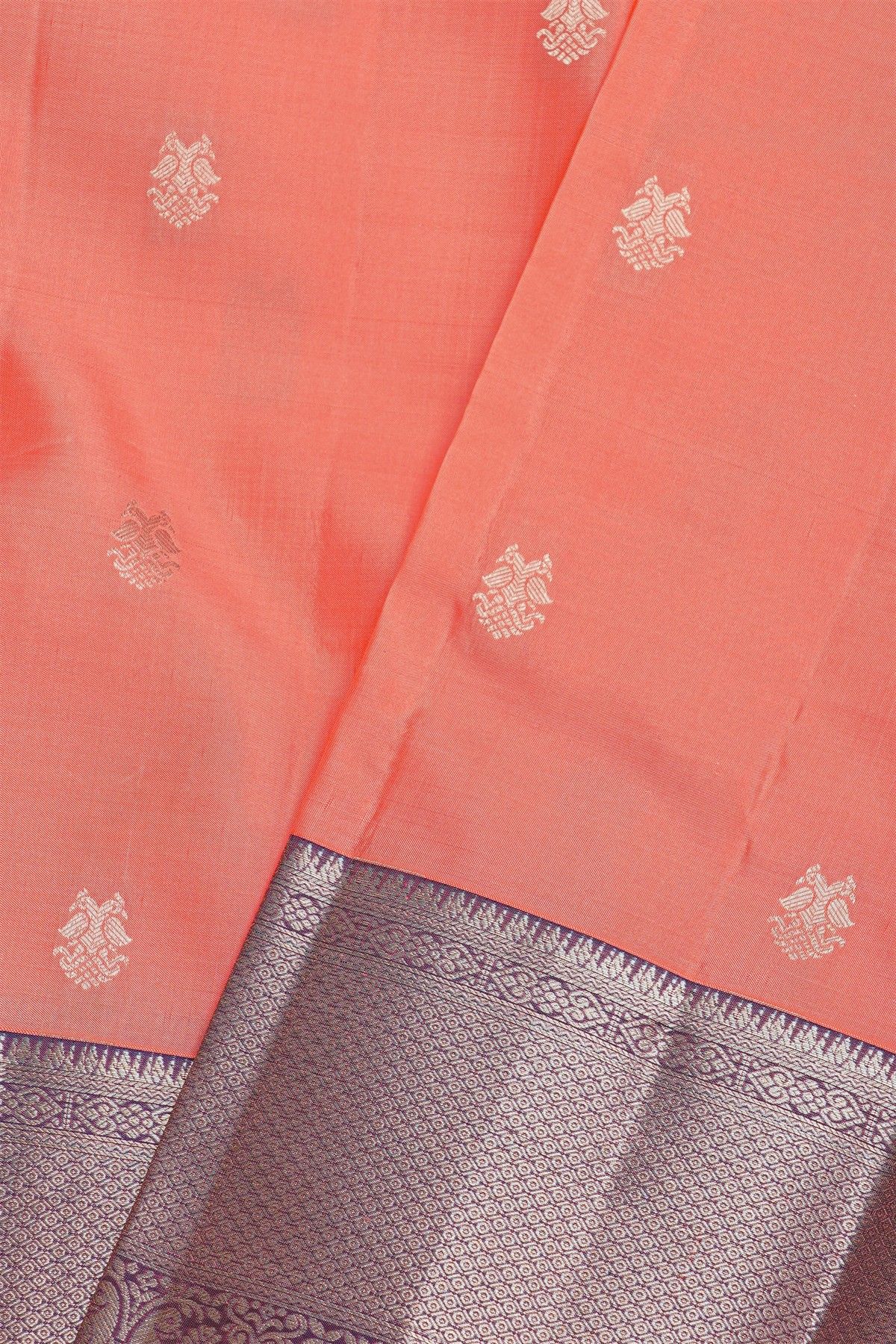 Kancheepuram Silk Baby Pink Saree With Florals And Peacocks Border