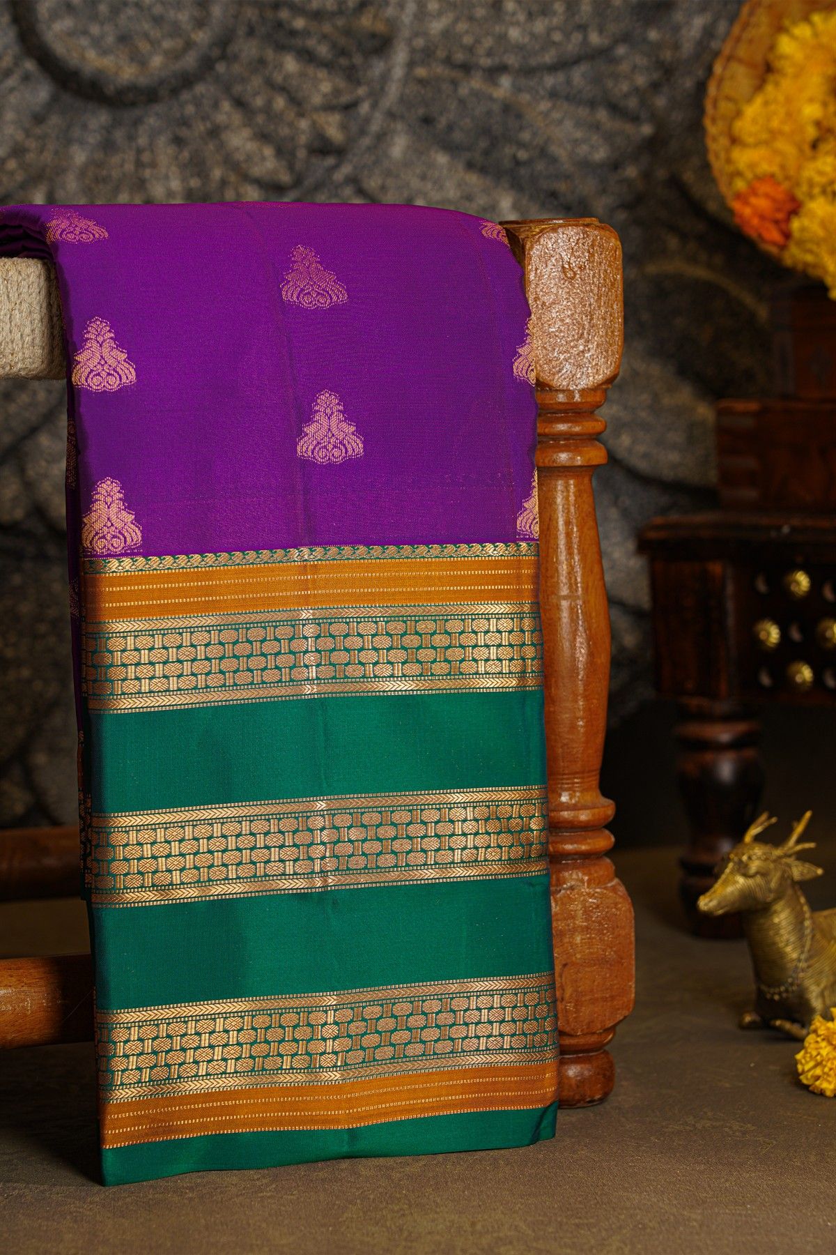 Kancheepuram Silk Violet Saree With Zari Lines And Florals Gap Border