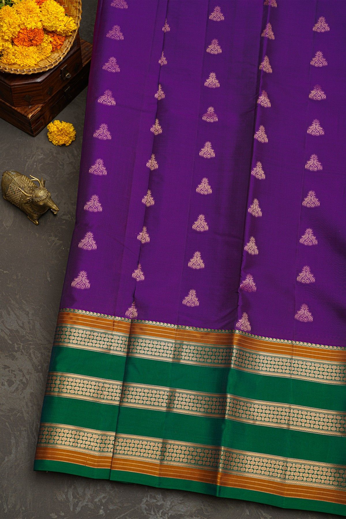 Kancheepuram Silk Violet Saree With Zari Lines And Florals Gap Border