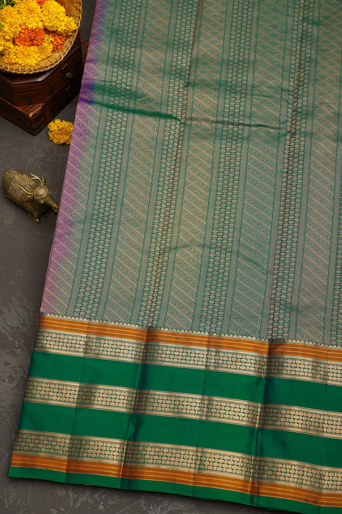 Kancheepuram Silk Violet Saree With Zari Lines And Florals Gap Border