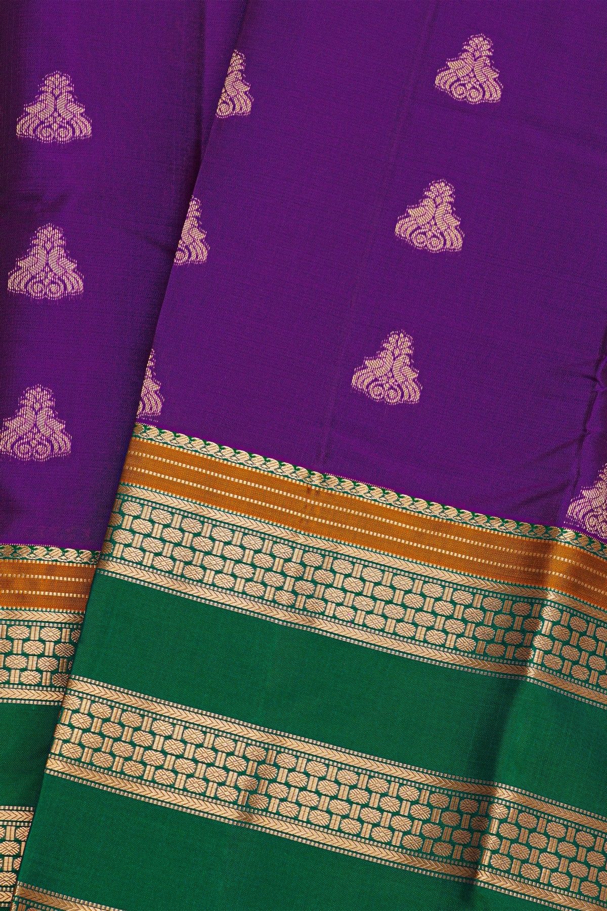 Kancheepuram Silk Violet Saree With Zari Lines And Florals Gap Border