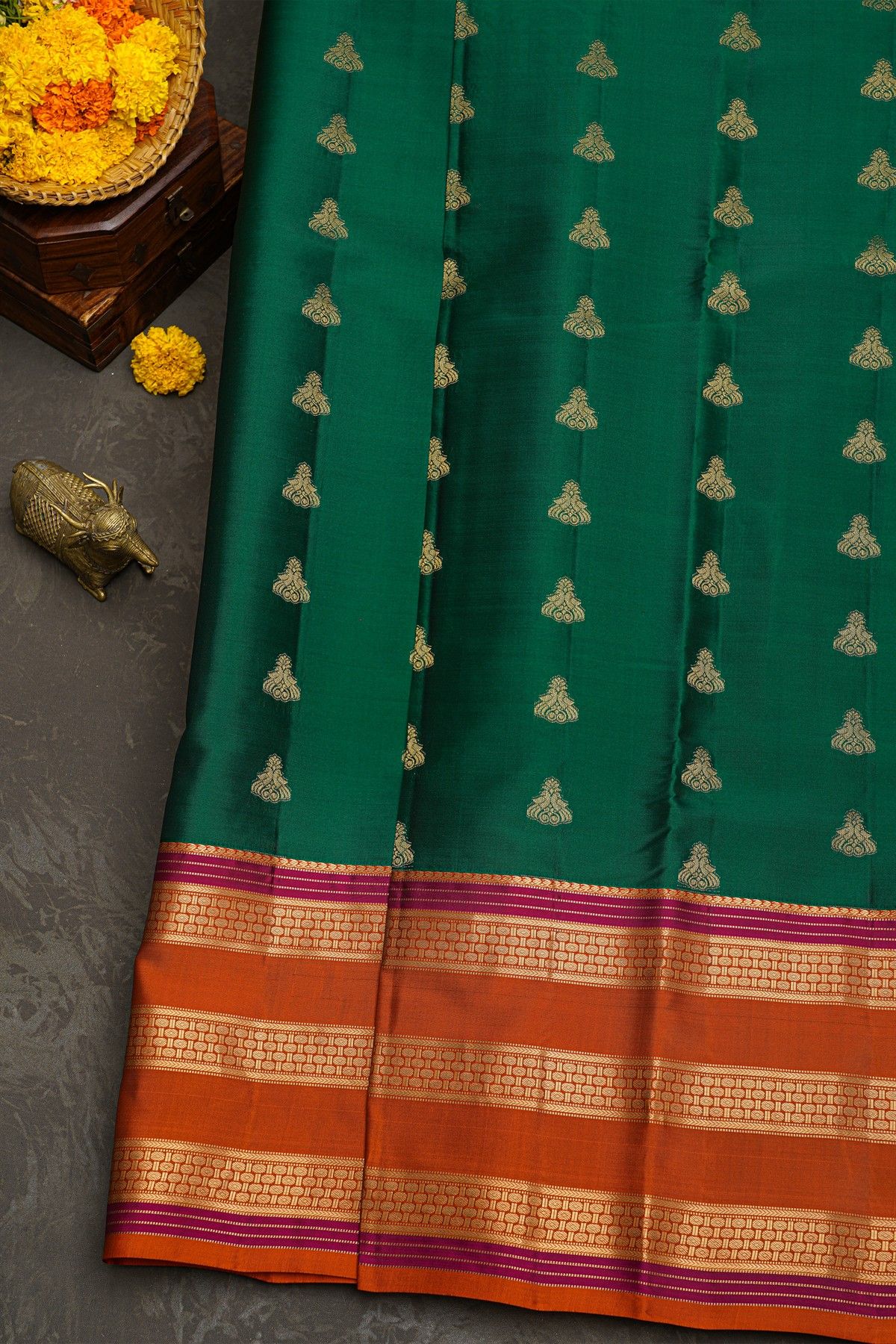 Kancheepuram Silk Bottle Green Saree With Zari Lines And Florals Gap Border