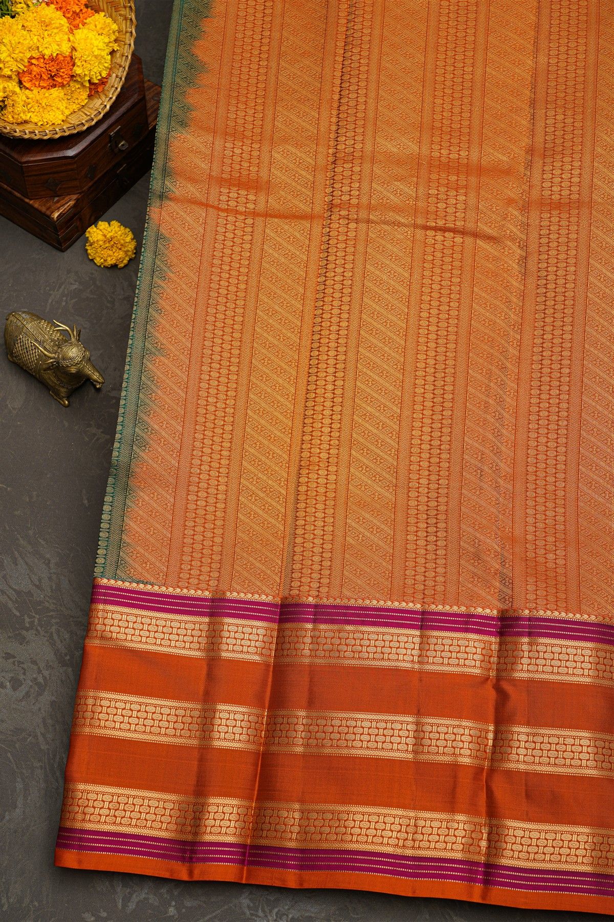 Kancheepuram Silk Bottle Green Saree With Zari Lines And Florals Gap Border