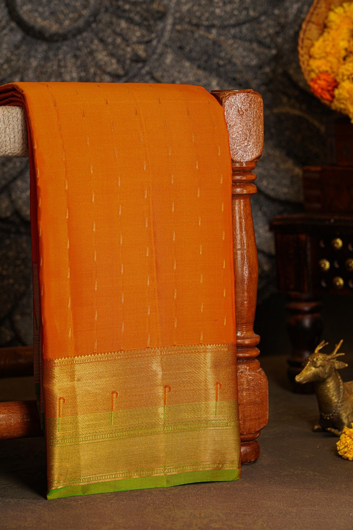 Kancheepuram Silk Orange Saree With Muniya Buttis Border
