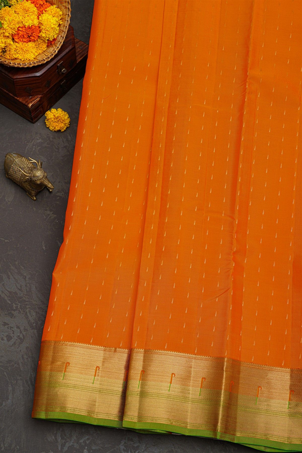 Kancheepuram Silk Orange Saree With Muniya Buttis Border