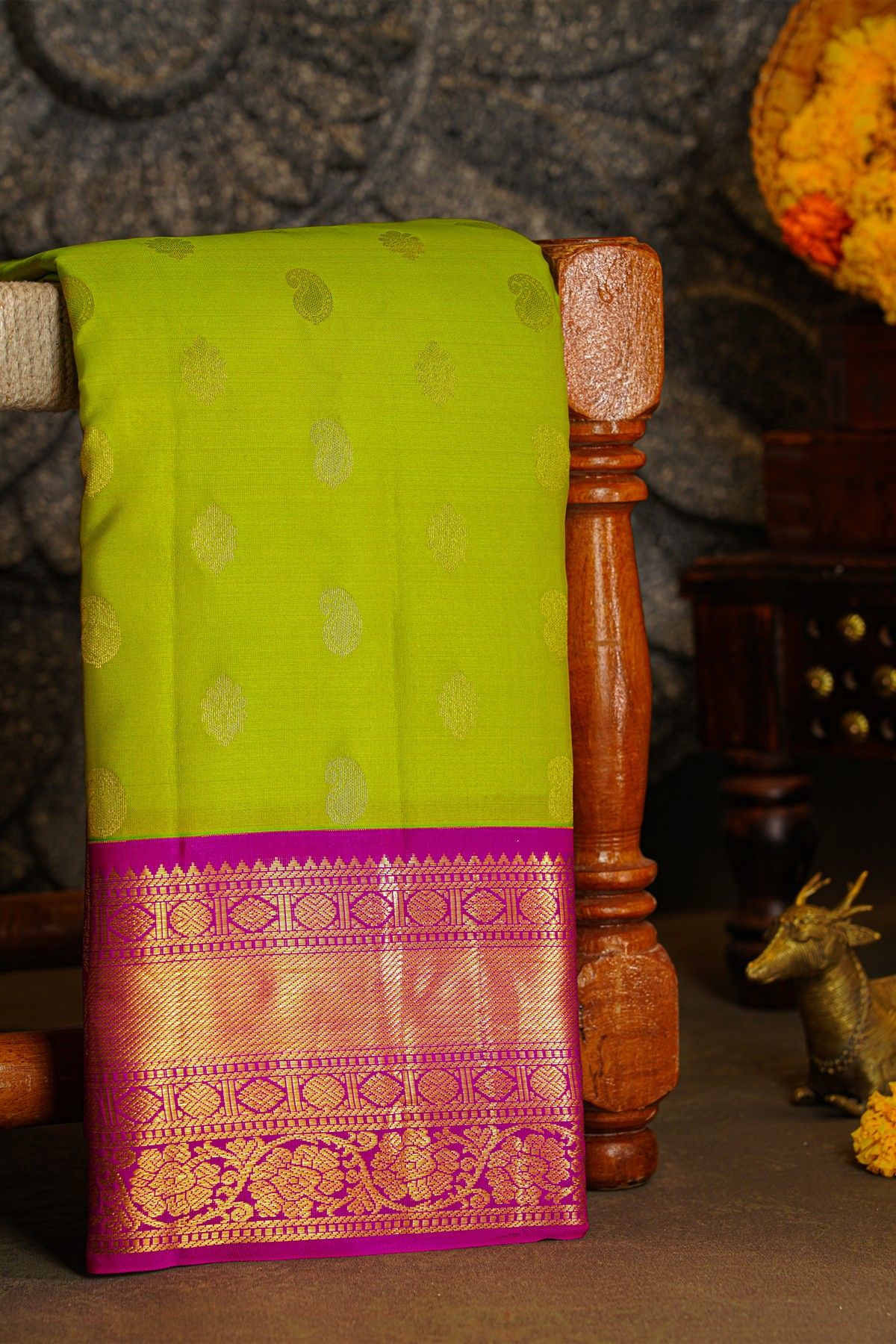 Kancheepuram Silk Parrot Green Saree With Florals And Buttis Traditional Border