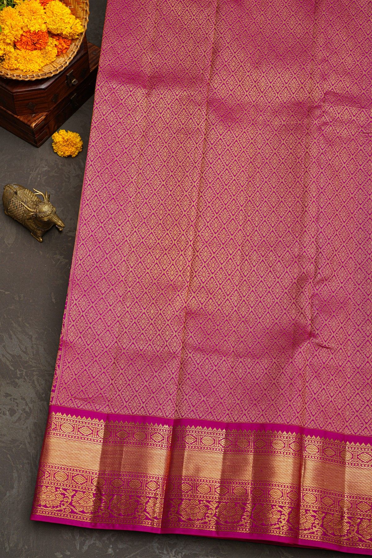 Kancheepuram Silk Parrot Green Saree With Florals And Buttis Traditional Border