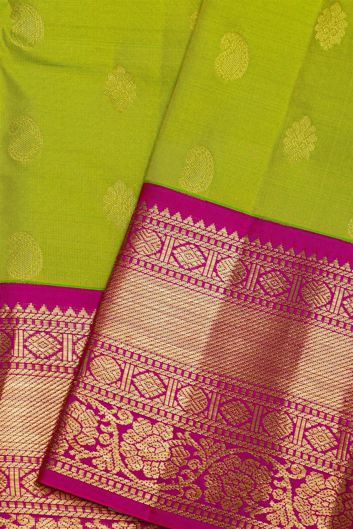 Kancheepuram Silk Parrot Green Saree With Florals And Buttis Traditional Border