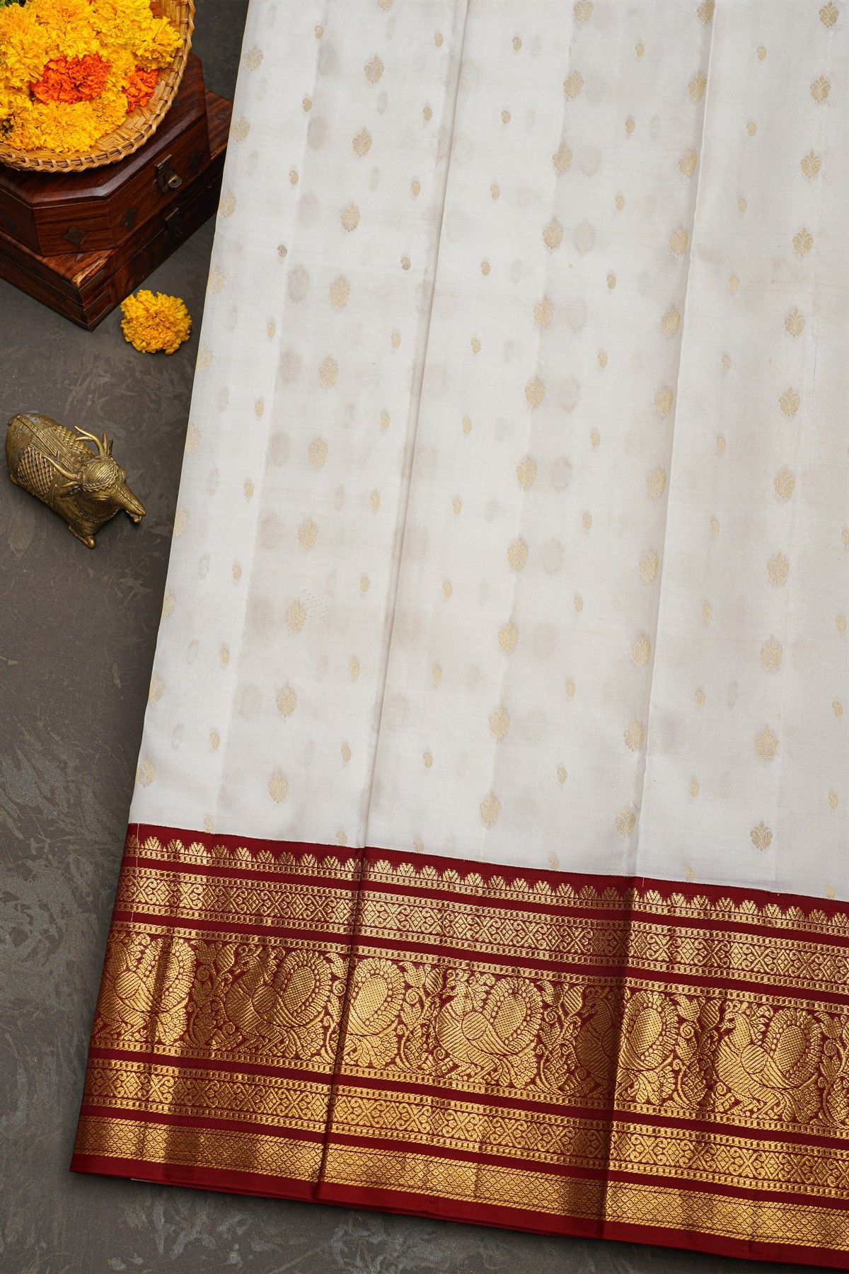Kancheepuram Silk Off White Saree With Florals And Buttis Maroon Border