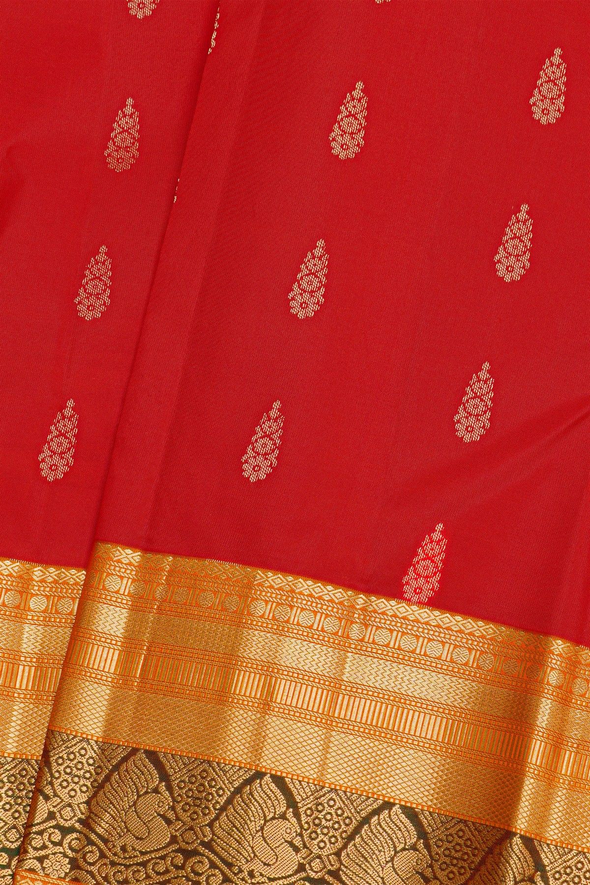 Kancheepuram Silk Red Saree With Florals And Peacocks Border