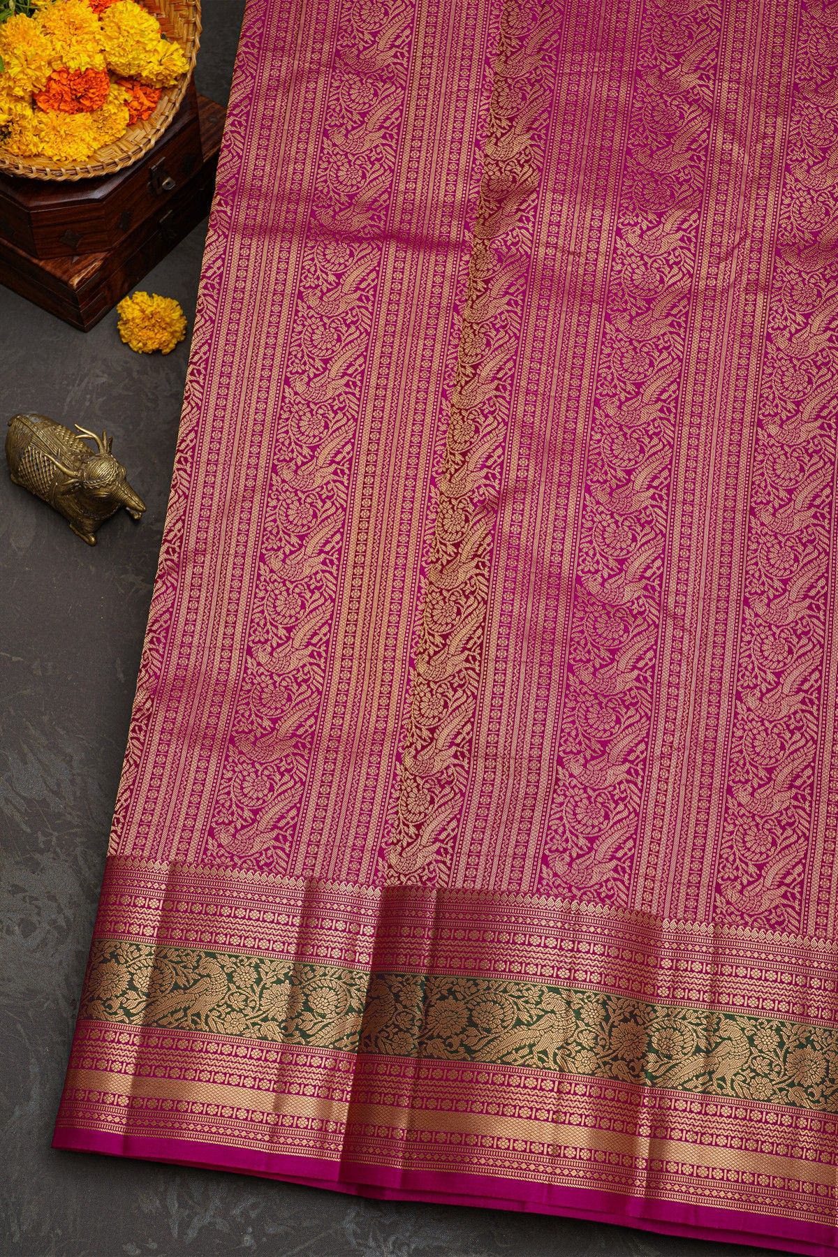 Kancheepuram Silk Rust Orange Saree With Florals And Leaves Jaal With Peacocks Border