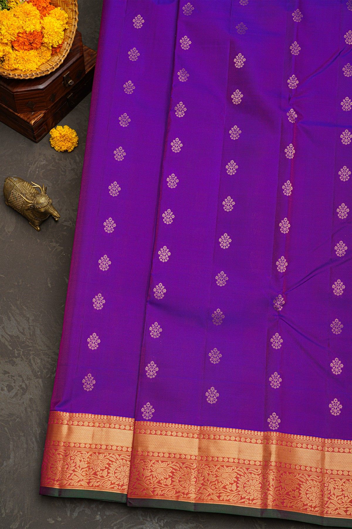 Kancheepuram Silk Royal Blue Saree With Florals And Leaves Jaal Border