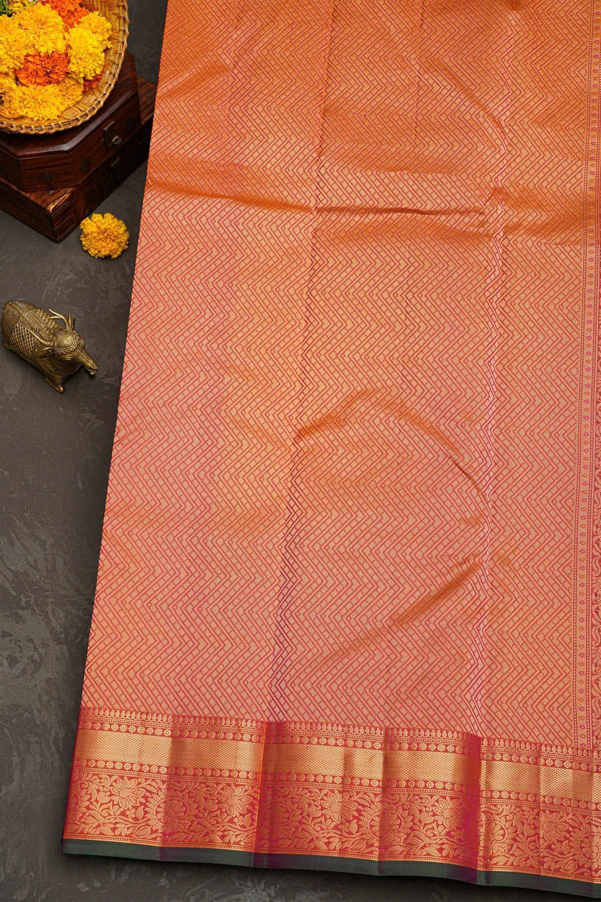Kancheepuram Silk Royal Blue Saree With Florals And Leaves Jaal Border