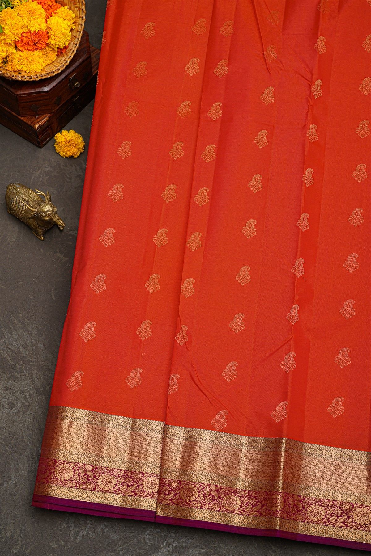 Kancheepuram Silk Red Saree With Florals And Leaves Jaal Border