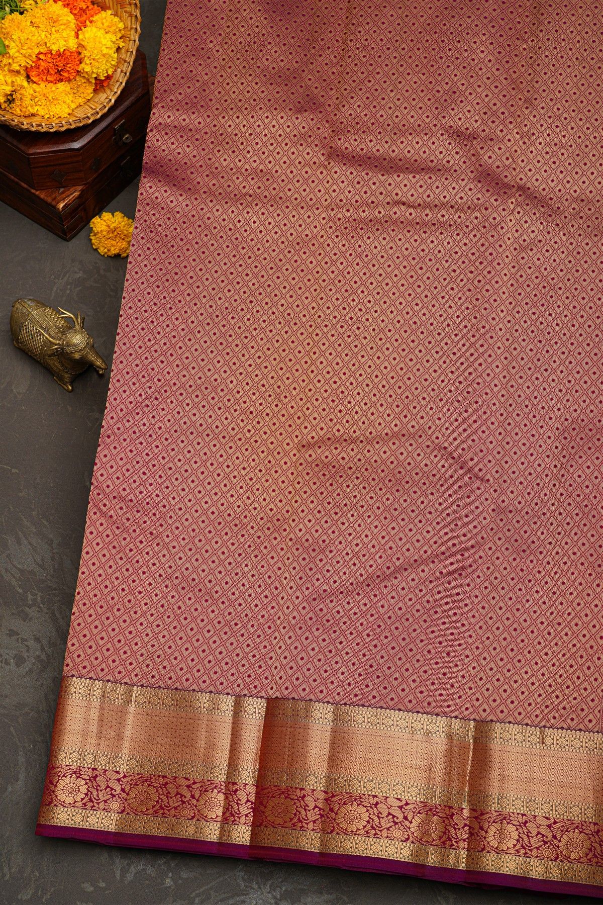 Kancheepuram Silk Red Saree With Florals And Leaves Jaal Border