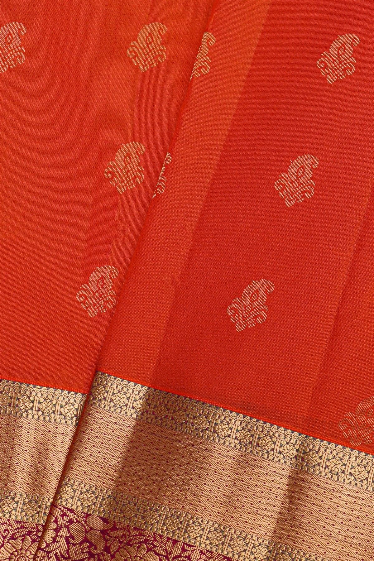 Kancheepuram Silk Red Saree With Florals And Leaves Jaal Border