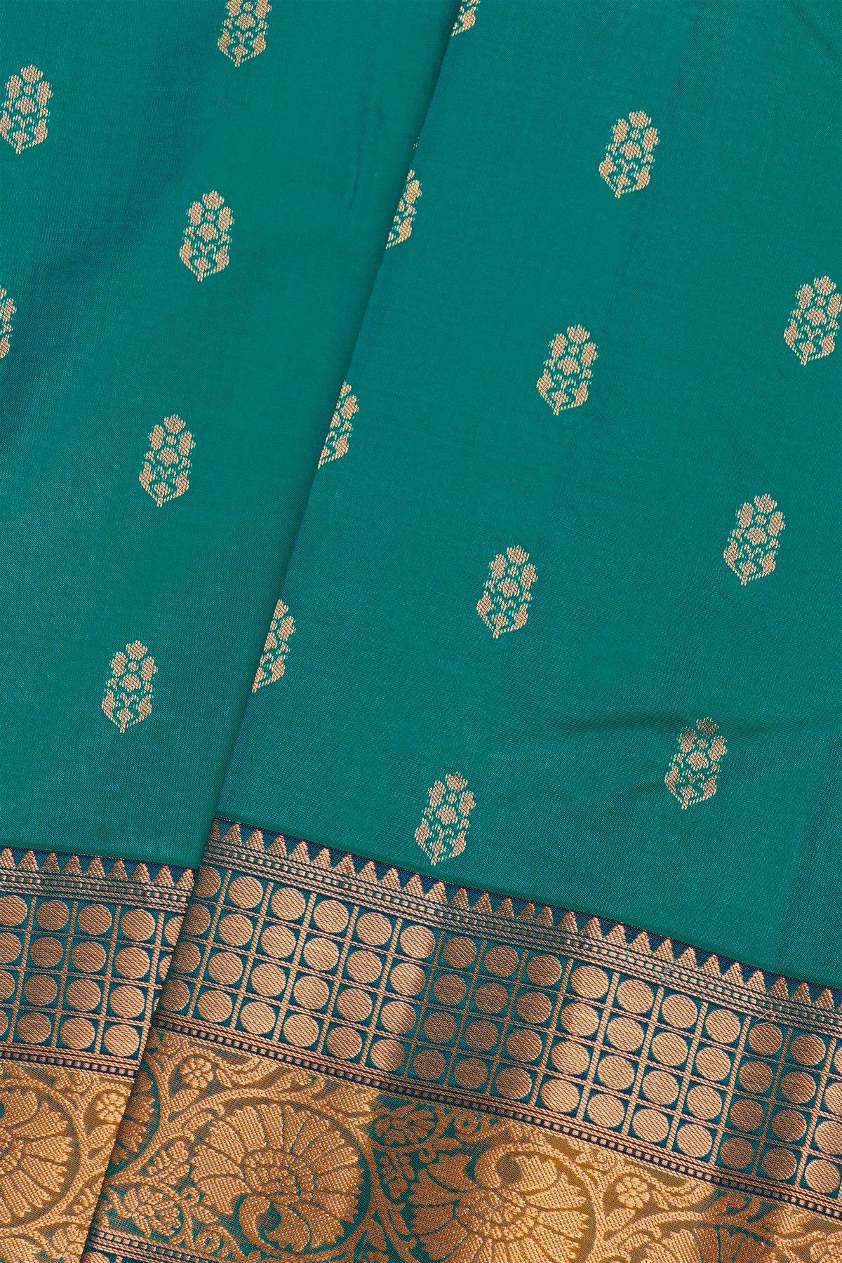 Kancheepuram Silk Sea Green Saree With Florals And Leaves Jaal Border