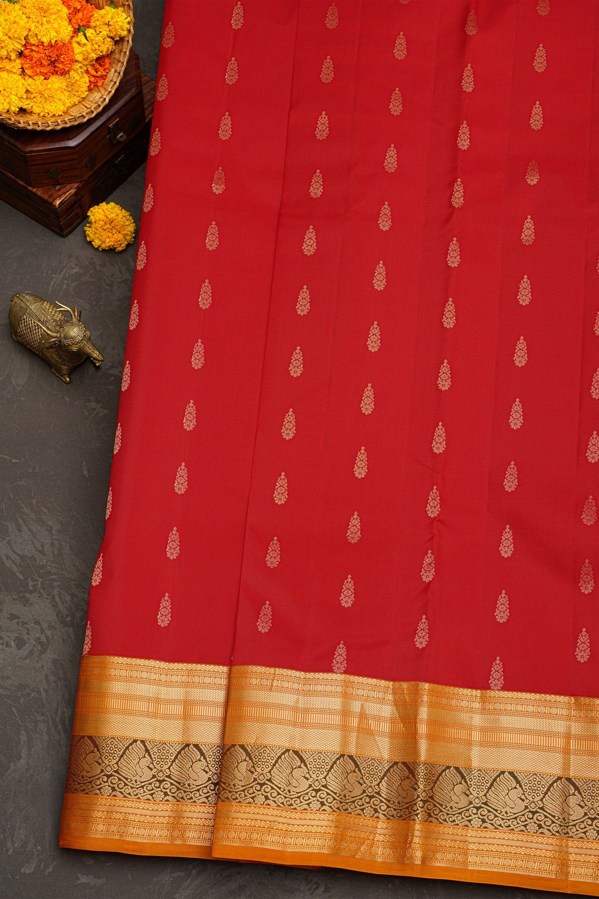Kancheepuram Silk Red Saree With Florals and Leaves With Peacocks Border