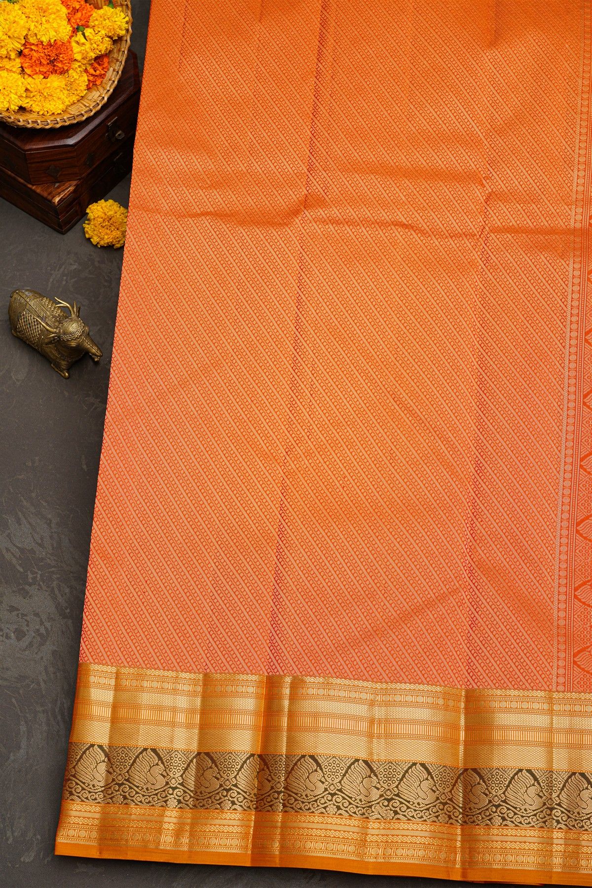 Kancheepuram Silk Red Saree With Florals and Leaves With Peacocks Border