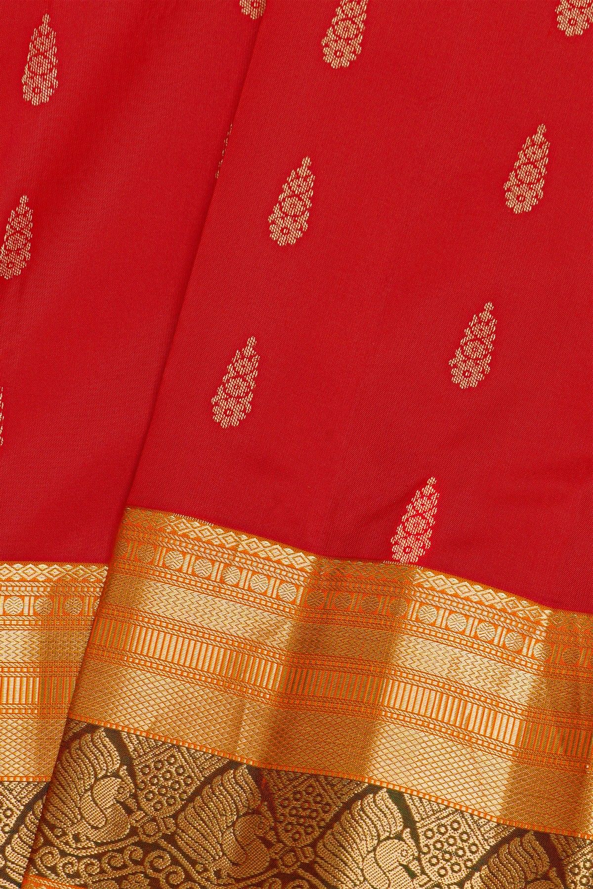 Kancheepuram Silk Red Saree With Florals and Leaves With Peacocks Border