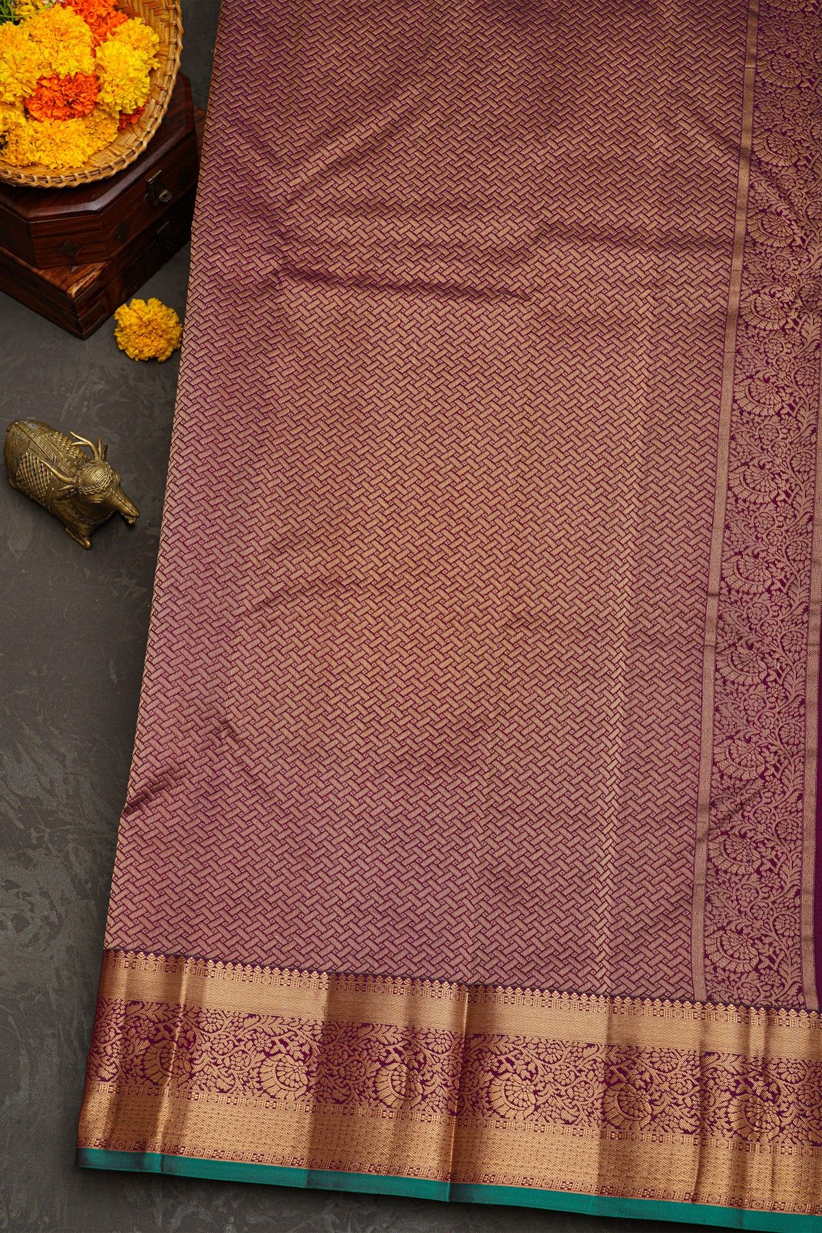 Kancheepuram Silk Rust Purple Saree With Florals And Leaves With Diamonds Border