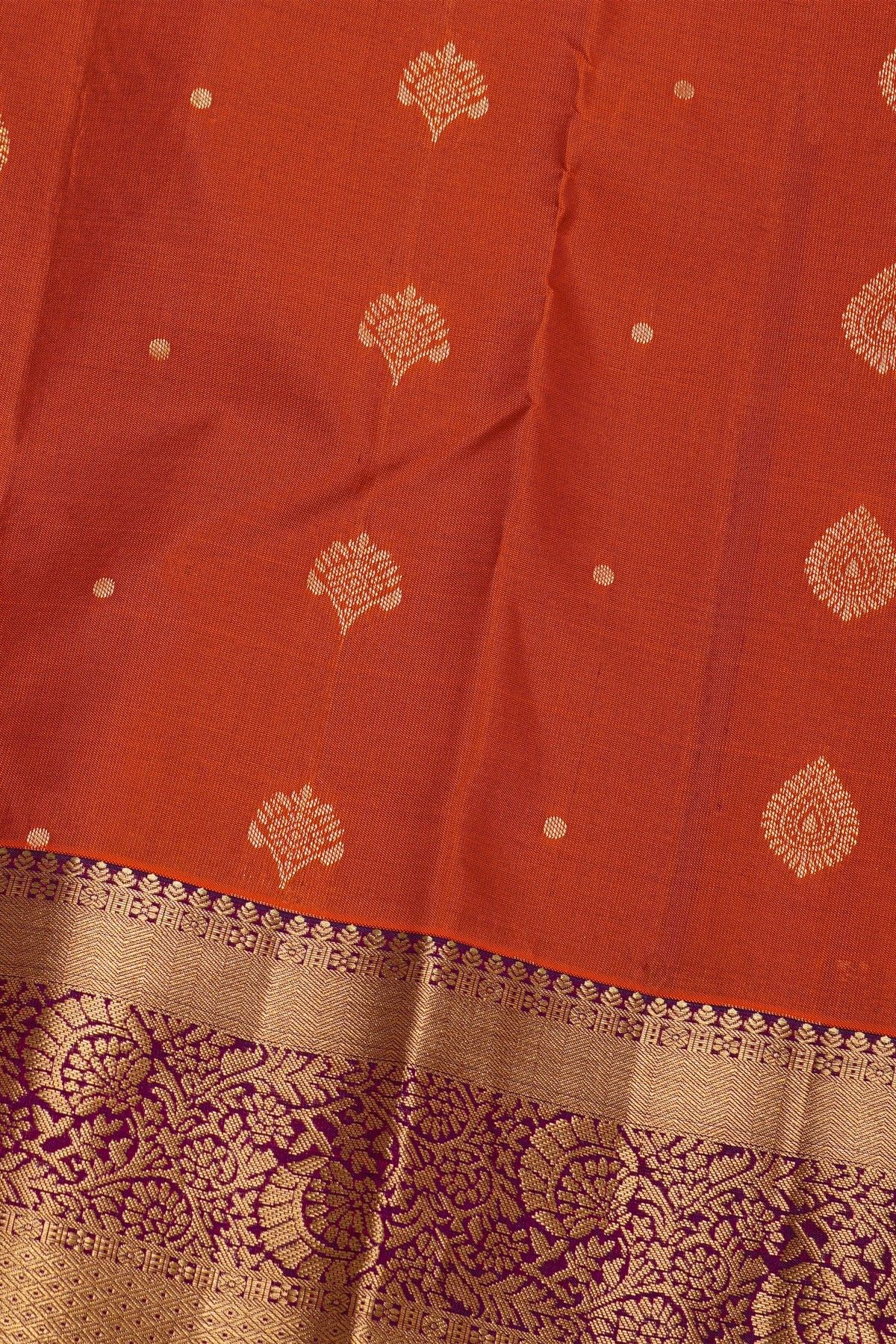 Kancheepuram Silk Rust Purple Saree With Florals And Leaves With Diamonds Border