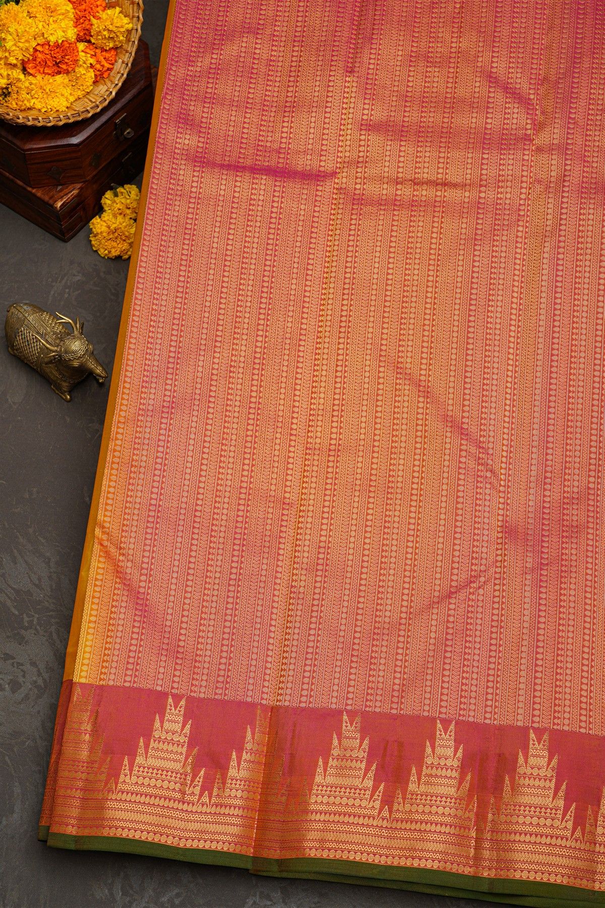 Kancheepuram Silk Yellow Saree With Florals In Traditional Border