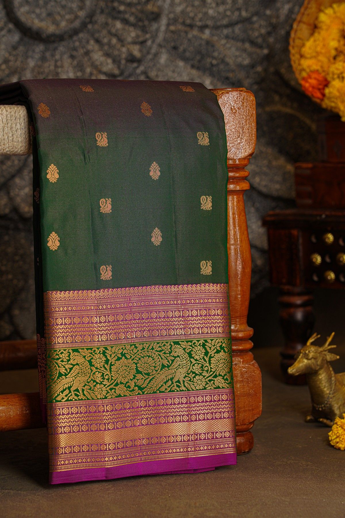 Kancheepuram Silk Bottle Green Saree With Florals And Leaves With Peacocks In Zari Border