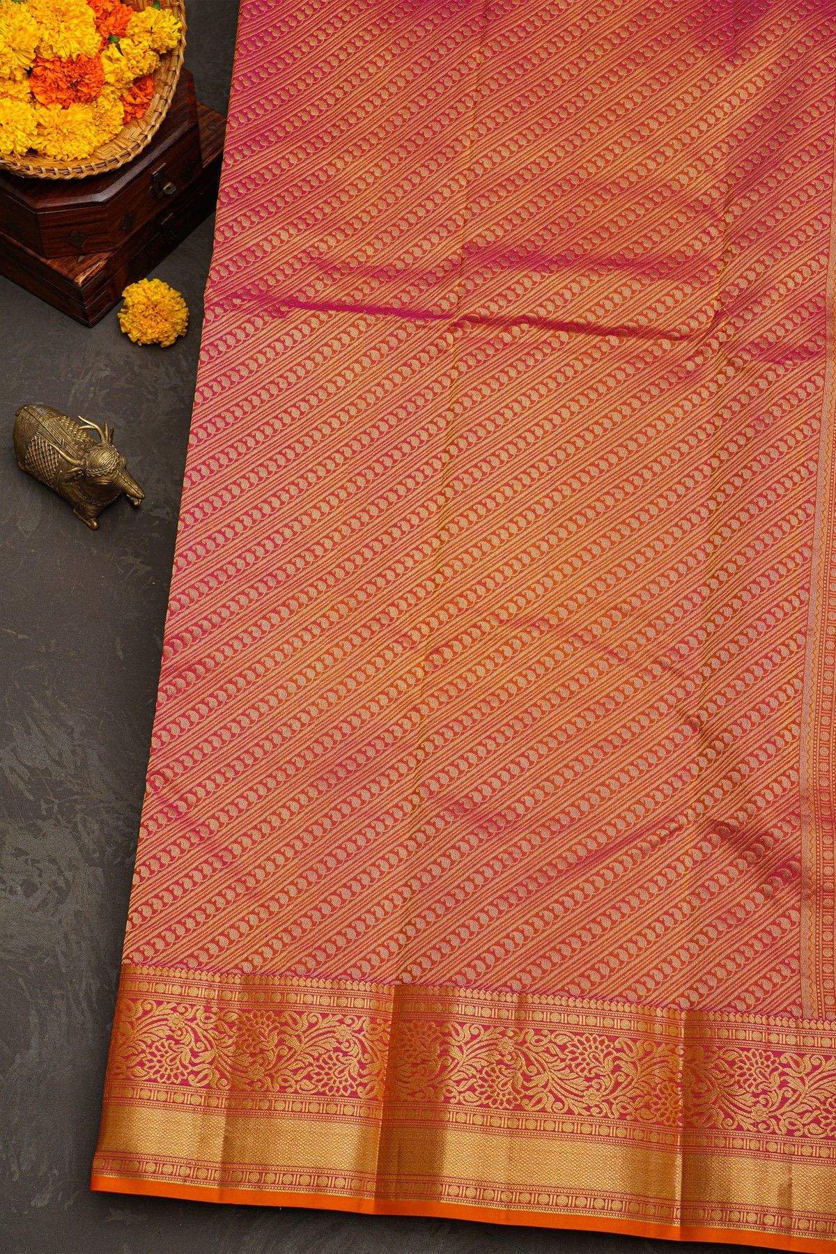 Kancheepuram Silk Yellow Saree With Florals And Leaves Jaal With Diamonds Border