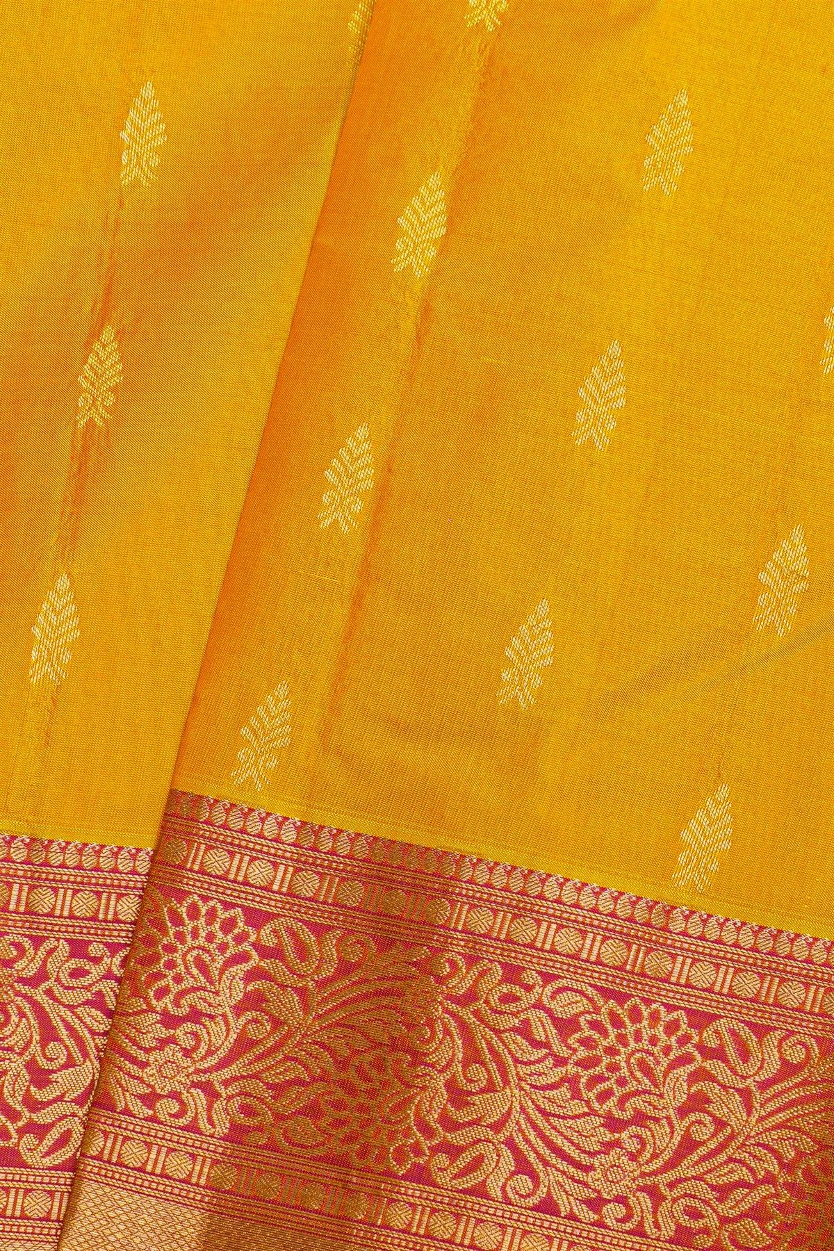 Kancheepuram Silk Yellow Saree With Florals And Leaves Jaal With Diamonds Border