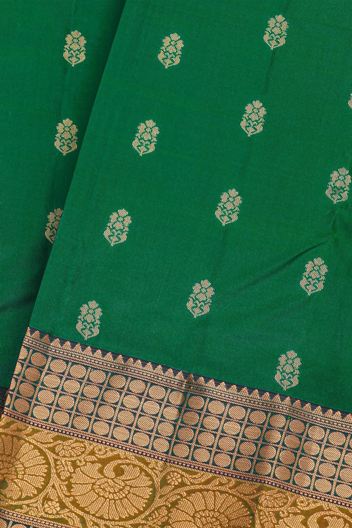 Kancheepuram Silk Green Saree With Floral Jaal With Buttis In Checks Border