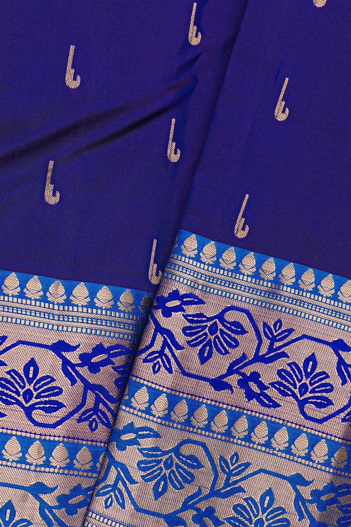 Kancheepuram Silk Navy Blue Saree With Florals And Leaves Jaal Border