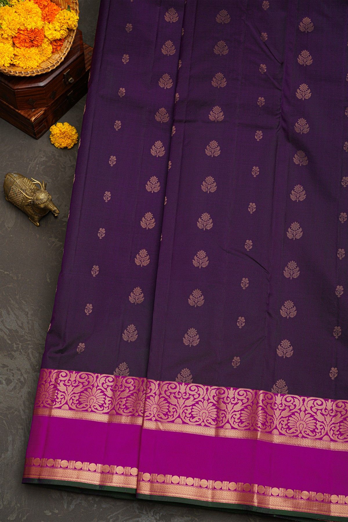 Kancheepuram Silk Violet Saree With Florals And Leaves With Diamonds Gap Border