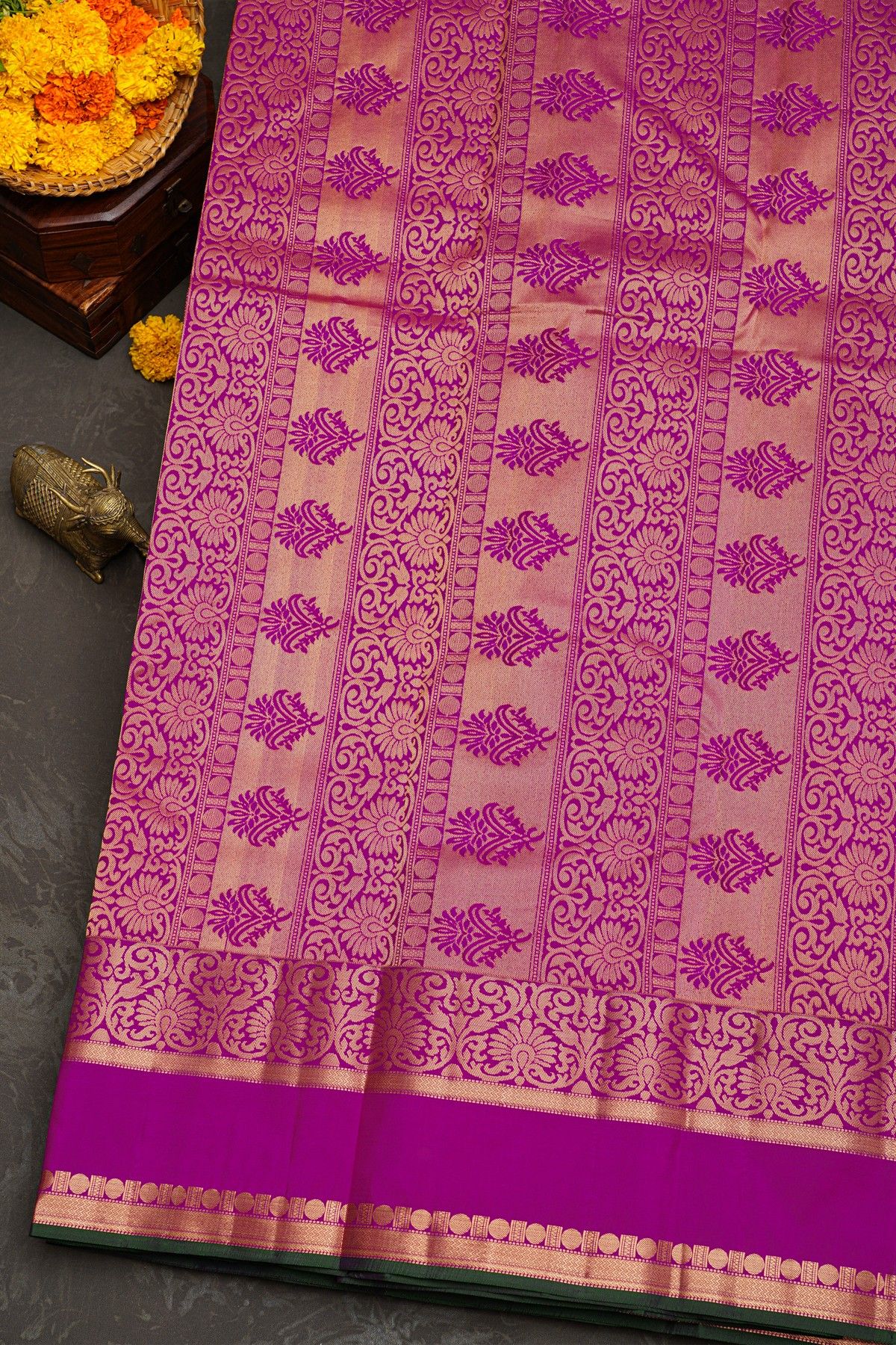 Kancheepuram Silk Violet Saree With Florals And Leaves With Diamonds Gap Border