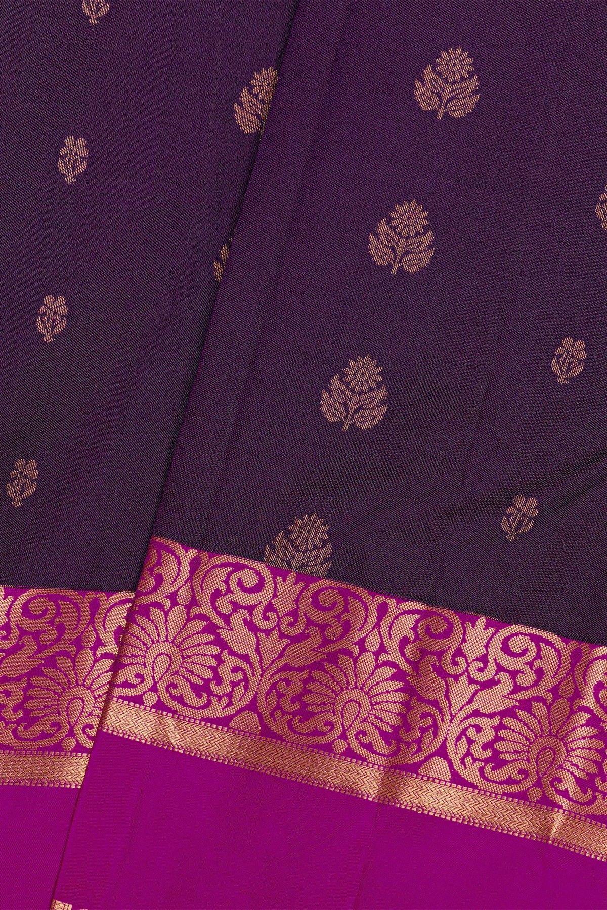 Kancheepuram Silk Violet Saree With Florals And Leaves With Diamonds Gap Border