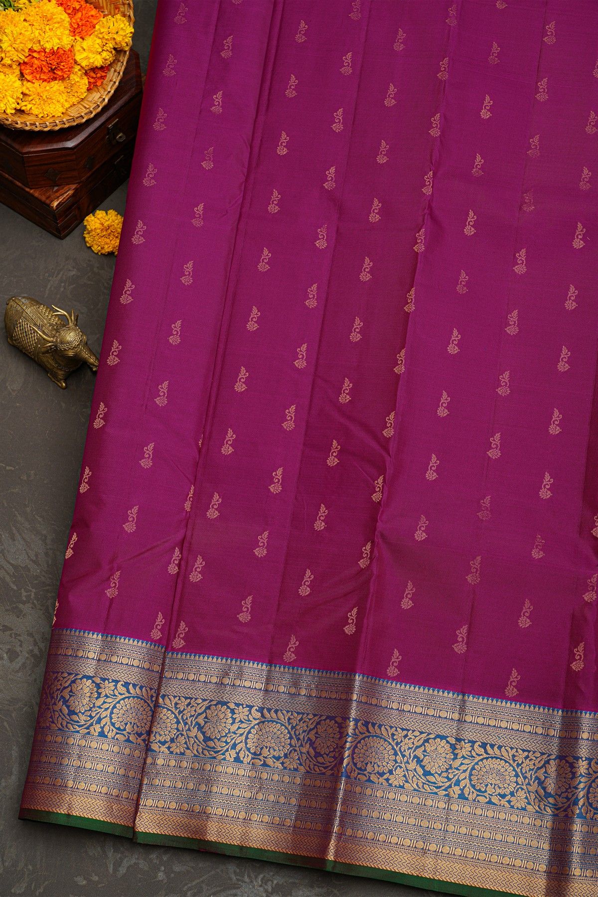 Kancheepuram Silk Purple Saree With Florals And Leaves Border