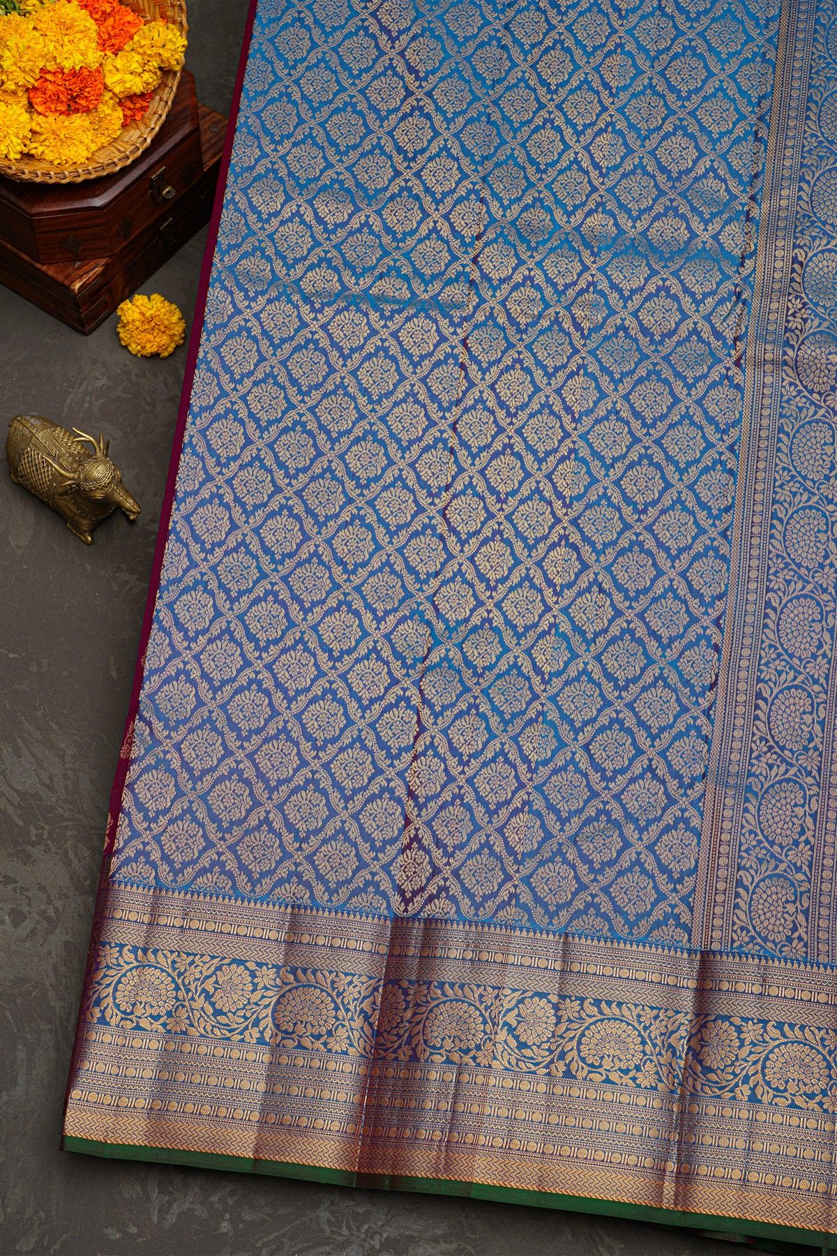 Kancheepuram Silk Purple Saree With Florals And Leaves Border