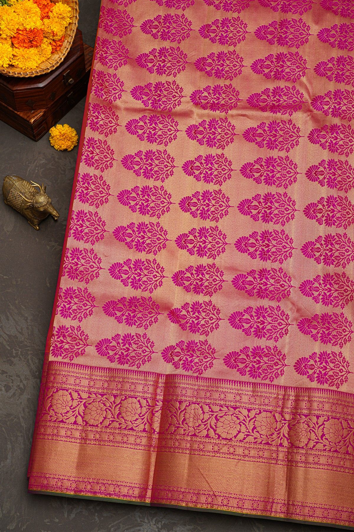 Kancheepuram Silk Peach Saree With Florals And Leaves With Cross Lines Border
