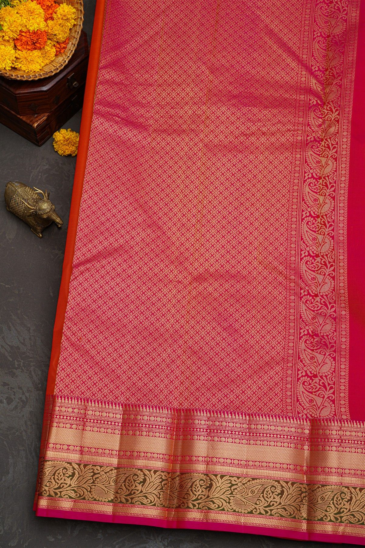 Kancheepuram Silk Peach Saree With Florals And Diamonds In Zari Border