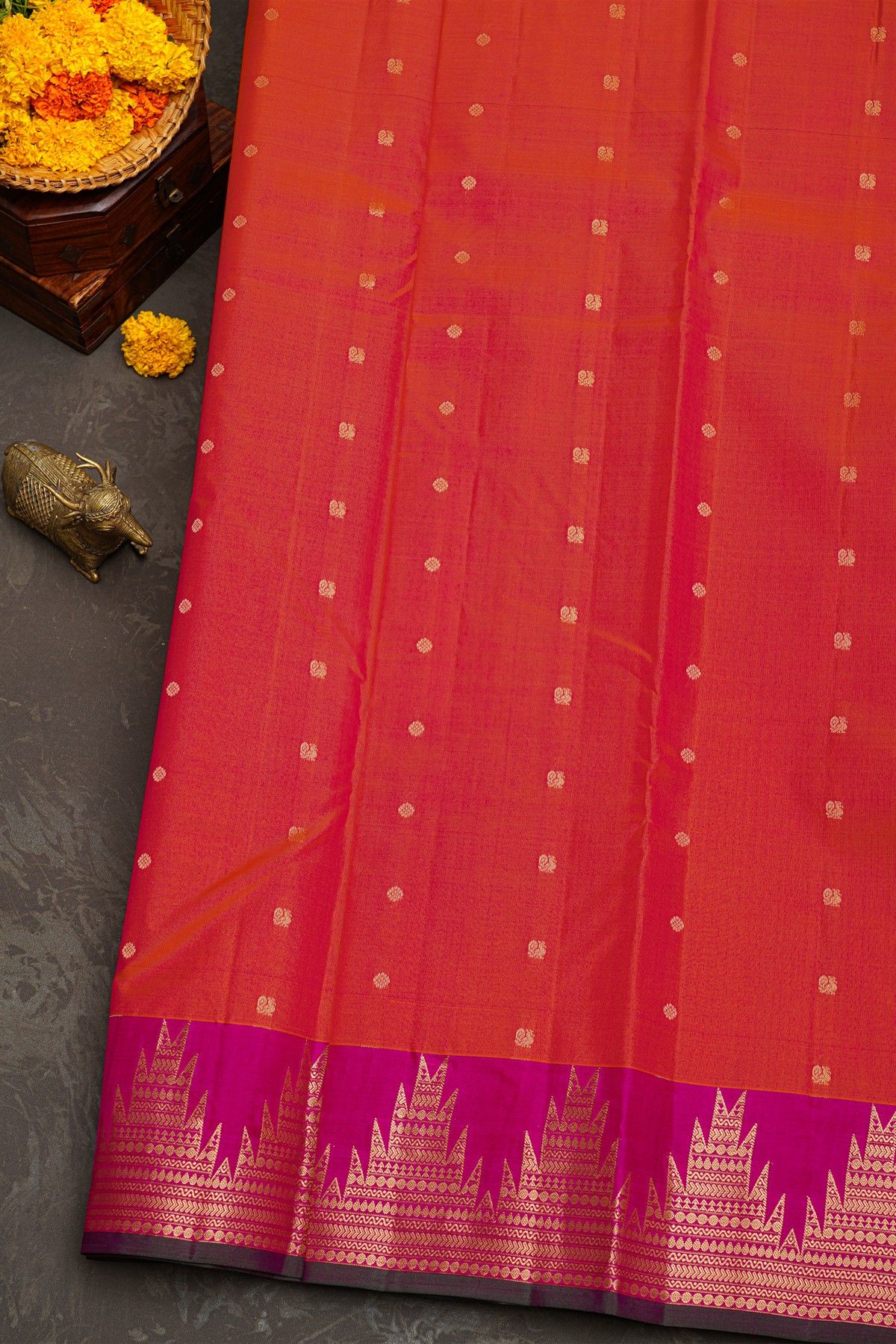Kancheepuram Silk Peach Saree With Florals In Temples Border